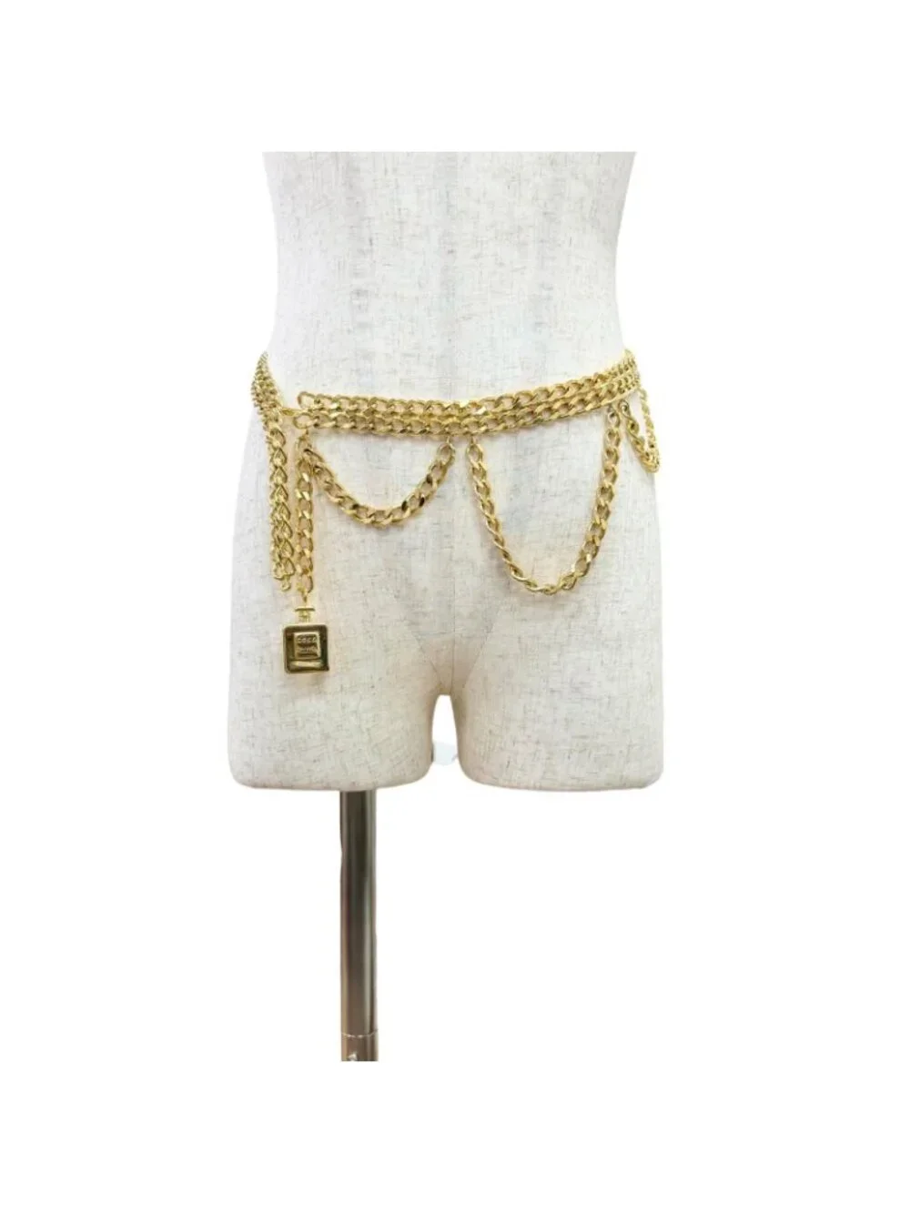 Chanel Logo Perfume Bottle Charm Double Chain Belt 81 Gold Gorgeous